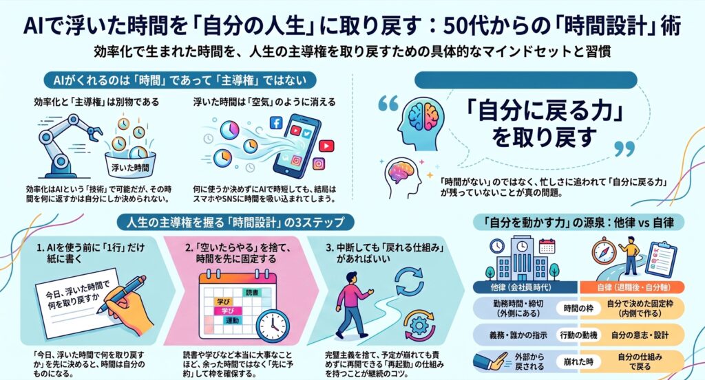 AIで浮いた時間を自分の人生に取り戻す、50代からの時間設計術の図解。時間設計の3ステップと他律から自律への転換をまとめている