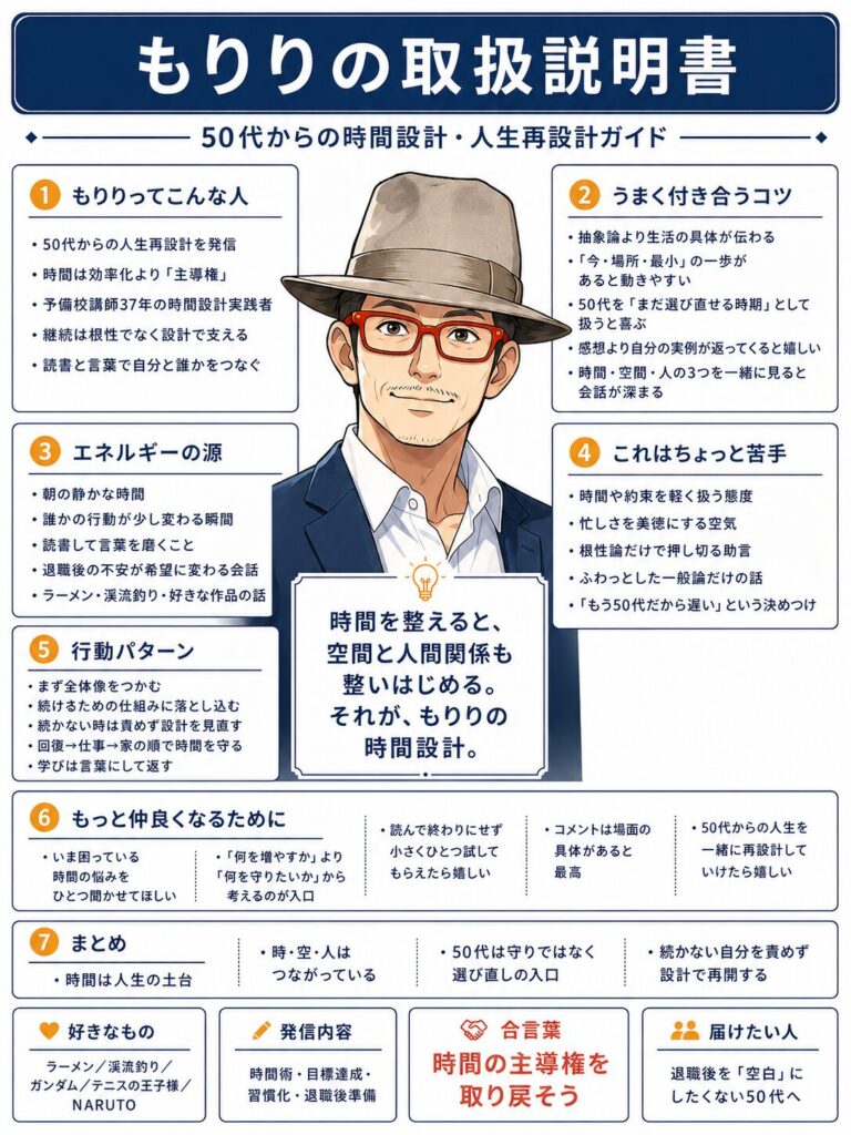 もりりの取扱説明書。50代からの時間設計と人生再設計のガイドを1枚にまとめた図解